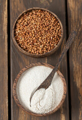 Poster - buckwheat flour on wooden surface