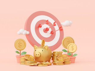 Targeting with saving money concept, Piggy bank with dollar coin, 3d rendering