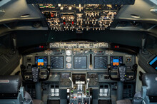 General View Of The Empty Cockpit Cockpit. Commercial Flight Simulator For Flight Training.