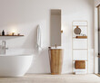 Leinwandbild Motiv Modern bright bathroom interior with wooden furniture, bathtub and sink with mirror, 3d rendering