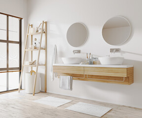 Wall Mural - modern apartment bathroom interior with two sinks, wooden cabinets and ladder, towels and window, 3d