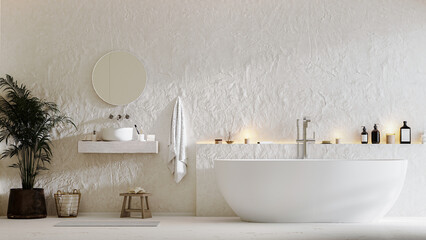 Wall Mural - modern bathroom interior mock up with bathtub, sink and mirror, towels and bath accessories, 3d rend