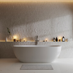 Wall Mural - luxury bathroom interior with bathtub and decorative plaster wall, shelf with decoration and bath ac