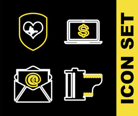 Sticker - Set line Laptop with dollar, Camera film roll cartridge, Mail and e-mail and Shield heart rate icon. Vector