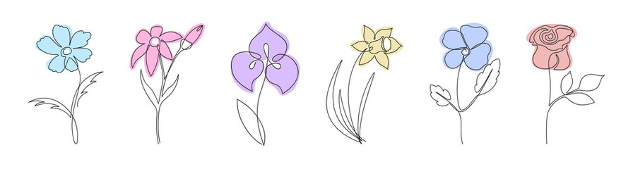 Poster - Continuous one line drawing of flowers set. Hand-drawn one line plants illustration. Vector.