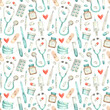 © Katerina Koniukhova - Watercolor pattern with medical items. Hand-drawn seamless texture with illustrations of stethoscope, pills, syringes, thermometer, test tubes