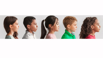 Wall Mural - Collage Of Multicultural Preteen Kids Profile Portraits Over White Background