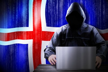 Anonymous hooded hacker, flag of Iceland, binary code - cyber attack concept