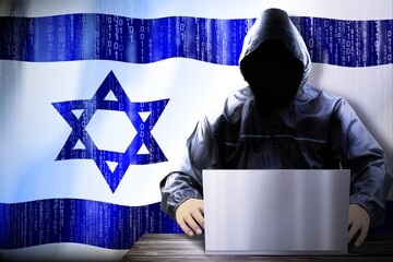 Anonymous hooded hacker, flag of Israel, binary code - cyber attack concept