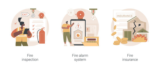 Poster - Fire prevention abstract concept vector illustration set. Fire inspection, alarm system and property insurance, smoke sensor, emergency plan, damage coverage, accident policy abstract metaphor.