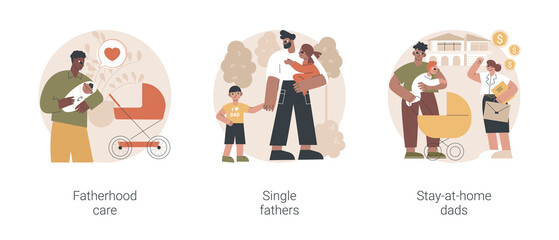 Poster - Fathers role abstract concept vector illustration set. Fatherhood care, single fathers, stay-at-home dads, happy kid, parental leave, spend time with child, man feeding baby abstract metaphor.