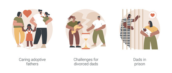 Father in kids life abstract concept vector illustration set. Caring adoptive fathers, challenges for divorced dads, dads in prison, foster care, family instability, child custody abstract metaphor.