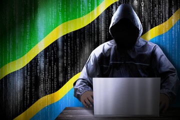 Anonymous hooded hacker, flag of Tanzania, binary code - cyber attack concept