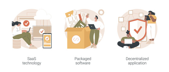 Fototapete - Application service abstract concept vector illustration set. SaaS technology, packaged software, decentralized application, cloud computing, software licensing, subscription abstract metaphor.