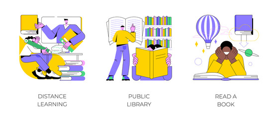 Poster - off campus learning abstract concept vector illustration set. distance learning, public library, rea
