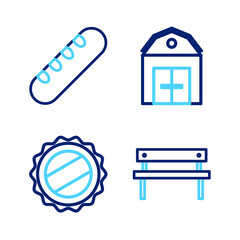 Sticker - Set line Bench, Bottle cap, Farm House and French baguette bread icon. Vector