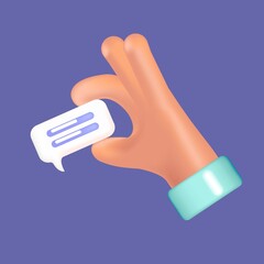 Poster - Vector 3d hand receive message with blue chat bubble, isolated on white background.