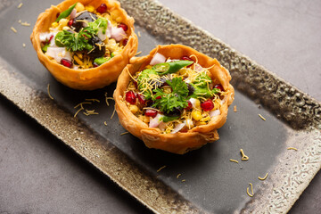 Aloo Tokri Chaat or Potato Basket stuffed chat or katori chat