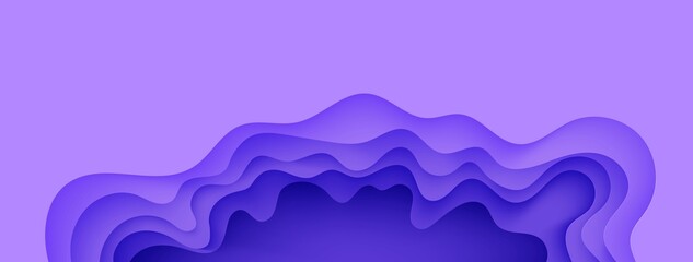 Wall Mural - Abstract background in paper cut style. 3d violet and purple colors waves with smooth shadow. Vector illustration with layered curved line shape. Rectangular composition of liquid layers in papercut.