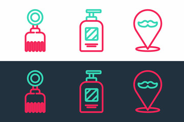 Sticker - Set line Barbershop, Hairbrush and Bottle of shampoo icon. Vector