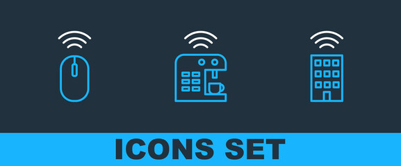 Poster - Set line Smart home with wireless, Wireless mouse and coffee machine icon. Vector