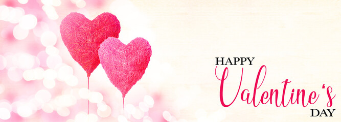 Happy Valentine's Day background greeting card - Two pink heart balloons and lettering with bokeh lights isolated on white light bright background banner panorama