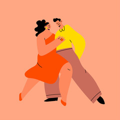 Wall Mural - Happy Couple hugging and Dancing. Cartoon characters. Abstract people with small heads in dance movement. Dating, love, relationship, flirting, fun, passion concept. Hand drawn Vector illustration