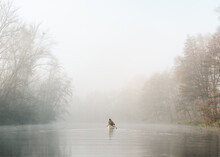 People In A Canoe Boat Paddling Away On The Misty Tranquil River