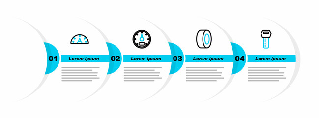 Sticker - Set line Car key with remote, tire, Speedometer and icon. Vector