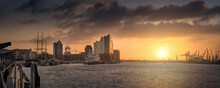 Panorama Of A Sunrise In The Port Of Hamburg 