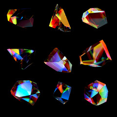 Poster - 3d abstract colorful gemstone isolated on black, futuristic crystals set, 3d rendering