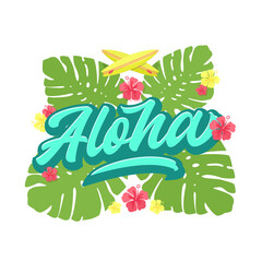 Wall Mural - aloha beach lettering. havaiian summer tropical sign, label, card template. monstera palm leaves, hi
