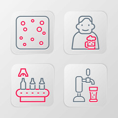 Wall Mural - Set line Beer tap with glass, Conveyor band, beer, Happy man and bubbles icon. Vector