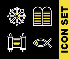 Sticker - Set line The commandments, Christian fish, Decree, paper, parchment, scroll and Dharma wheel icon. Vector