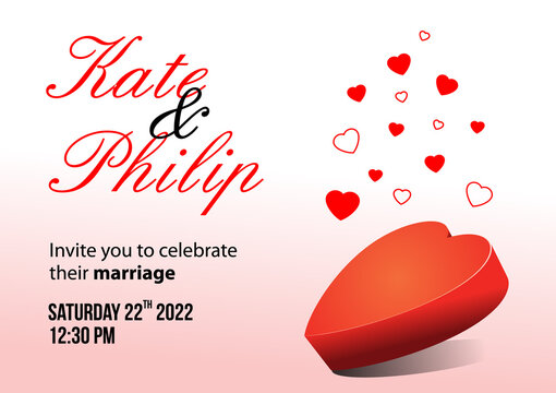 Vector wedding invitation card with 3d heart shape on red gradient background. Valentine day