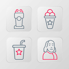 Sticker - Set line Benjamin Franklin, Paper glass with straw, Ice cream waffle cone and Stage stand or tribune icon. Vector