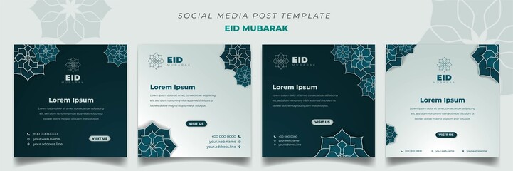 Set of social media post template in square background with simple ornament design for Eid Mubarak