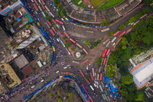 Aerial View Of A Busy Roundabout In Financial District Of Dhaka With Traffic In Dhaka Downtown, Bangladesh.