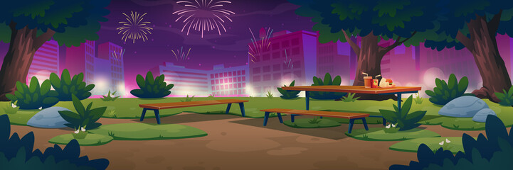 City park with wooden picnic table and firework display at night. Vector cartoon illustration of holiday celebration with summer landscape of public garden, town buildings and firecrackers