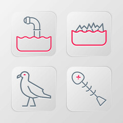 Sticker - Set line Dead fish, Bird seagull, Sharp stone reefs and Periscope icon. Vector