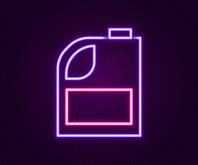 Poster - Glowing neon line Canister for motor machine oil icon isolated on black background. Oil gallon. Oil change service and repair. Engine oil sign. Colorful outline concept. Vector