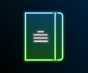 Poster - Glowing neon line Notebook icon isolated on black background. Spiral notepad icon. School notebook. Writing pad. Diary for school. Colorful outline concept. Vector