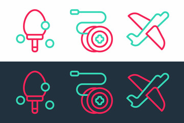 Sticker - Set line Toy plane, Racket and Yoyo toy icon. Vector