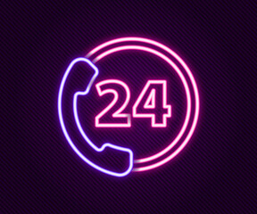 Poster - Glowing neon line Telephone 24 hours support icon isolated on black background. All-day customer support call-center. Full time call services. Colorful outline concept. Vector