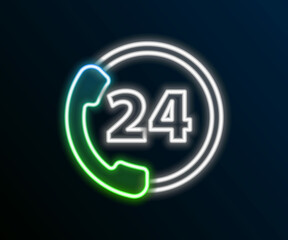 Poster - Glowing neon line Telephone 24 hours support icon isolated on black background. All-day customer support call-center. Full time call services. Colorful outline concept. Vector