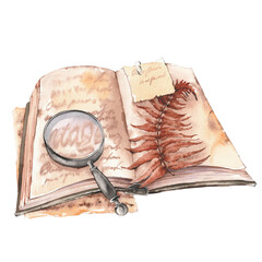 Open book with a magnifying glass and dried fern leaf. Watercolor illustration isolated on white background.