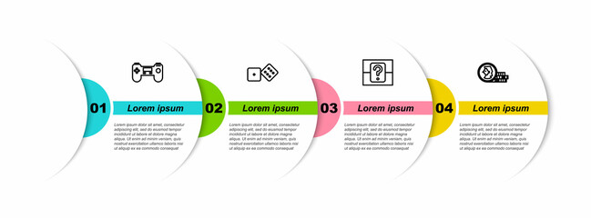 Poster - Set line Gamepad, dice, Mystery or random box and Coin for game. Business infographic template. Vector