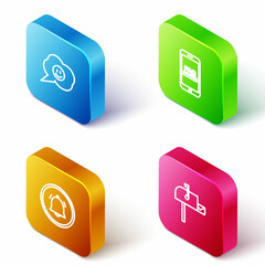 Poster - set isometric line speech bubble with smile face, mobile faq information, button chat notification a