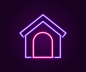 Wall Mural - Glowing neon line Dog house icon isolated on black background. Dog kennel. Colorful outline concept. Vector