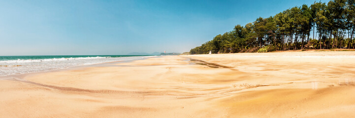 Wall Mural - White sandy Galgibag Beach, with golden sand and blue sky, South Goa, India
